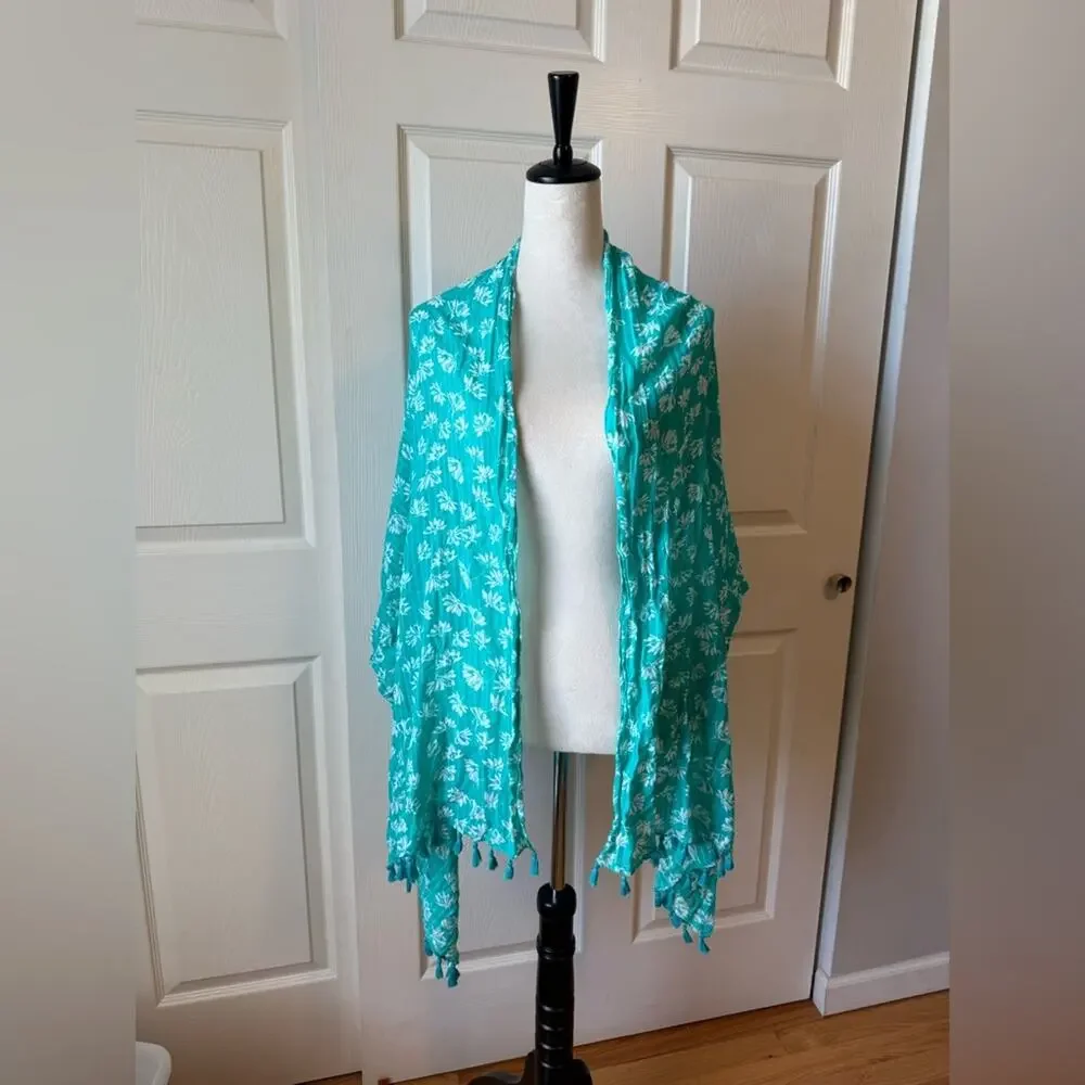 Teal Floral‎ Tassel Scarf Wrap Lightweight Boho Coastal Spring Layering